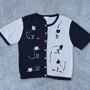 CHRISTOPHER & BANKS Novelty Cat Embroidered Button Short Sleeve Sweater Womens M